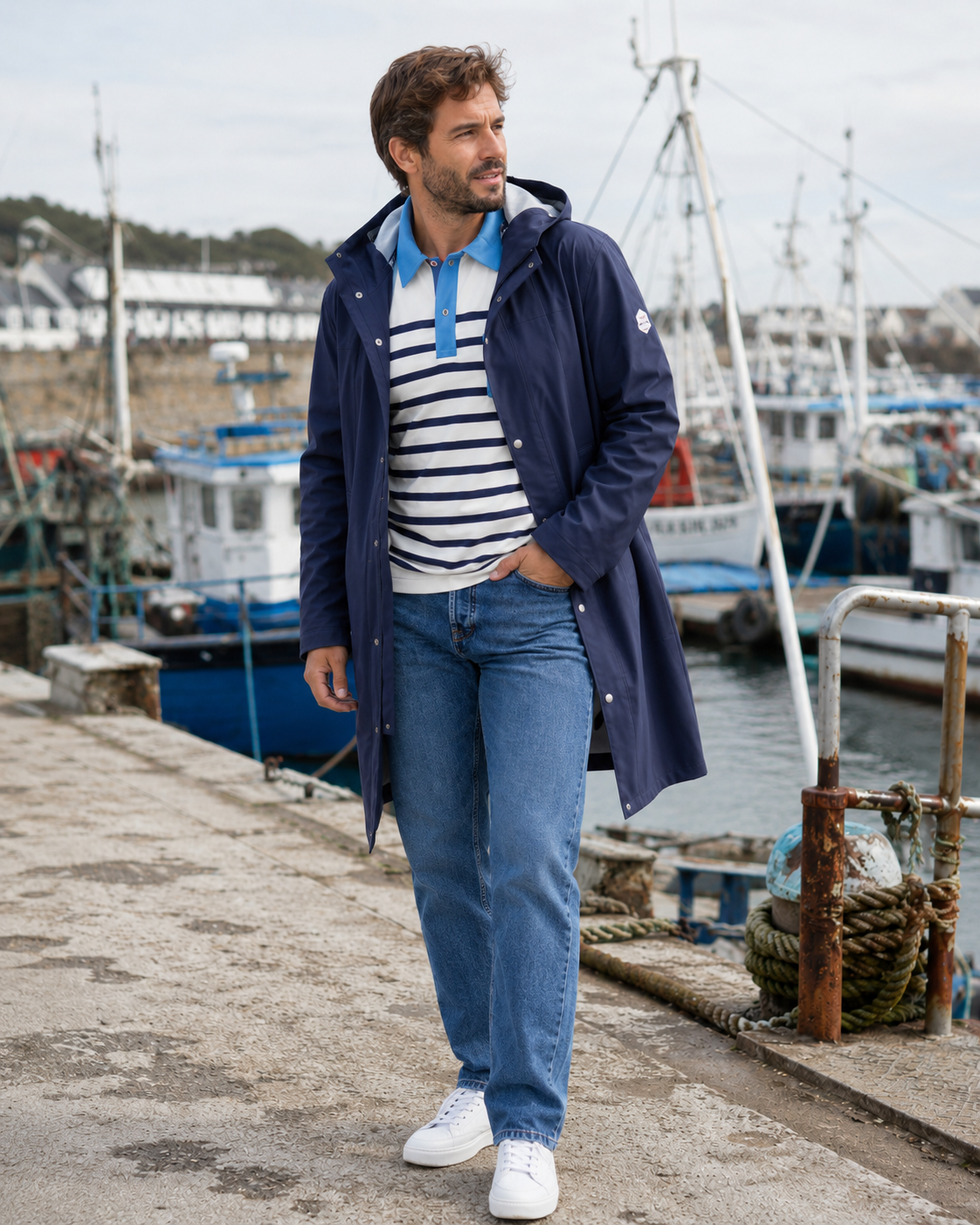 Veste imperméable homme HUBERT marine – Coupe longue, capuche, imperméable & légère