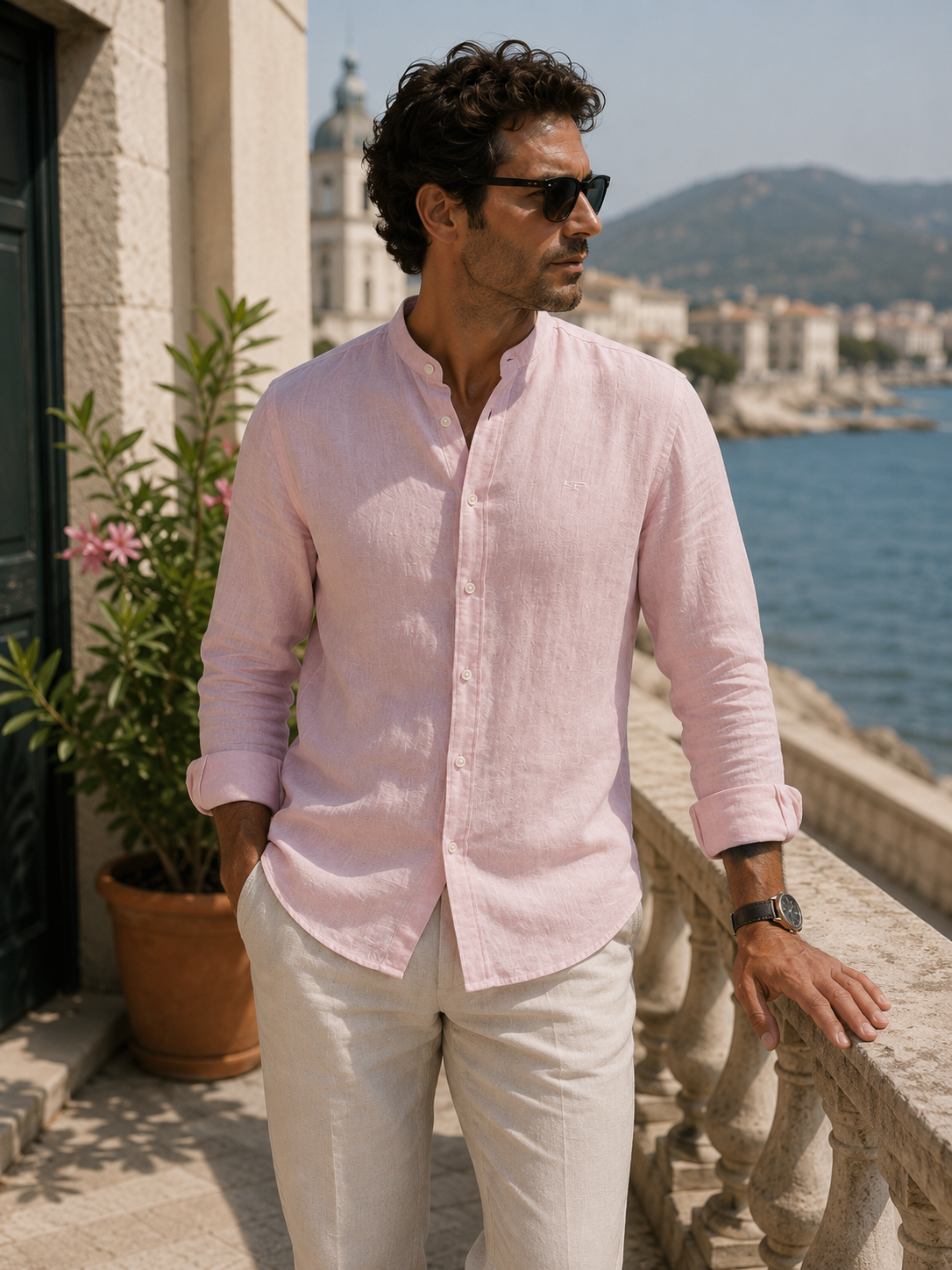 Chemise col mao homme 100 % lin – Fabrication Espagne – Kaki, Blanc ou Rose
