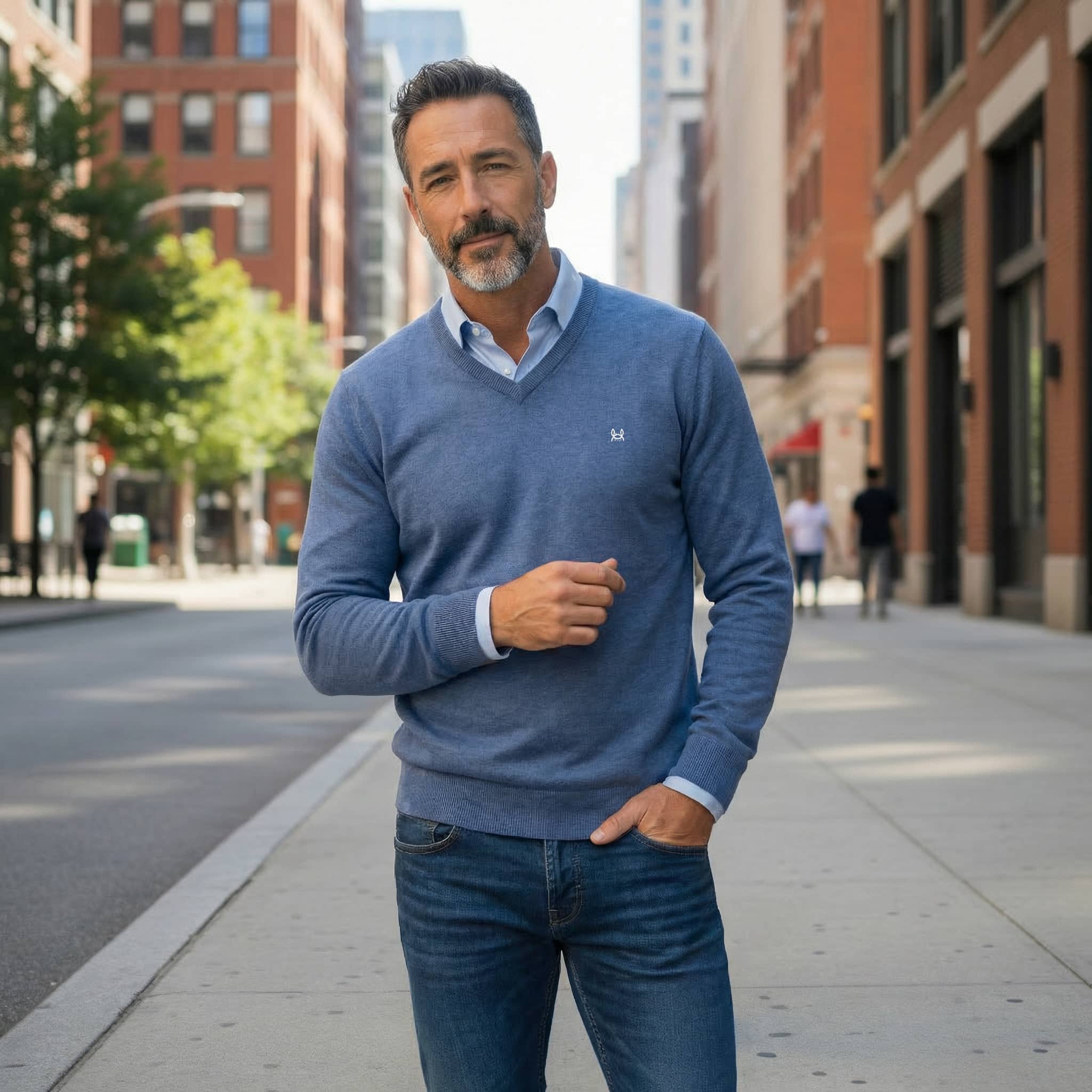 Pull homme basique col V bleu moyen en coton